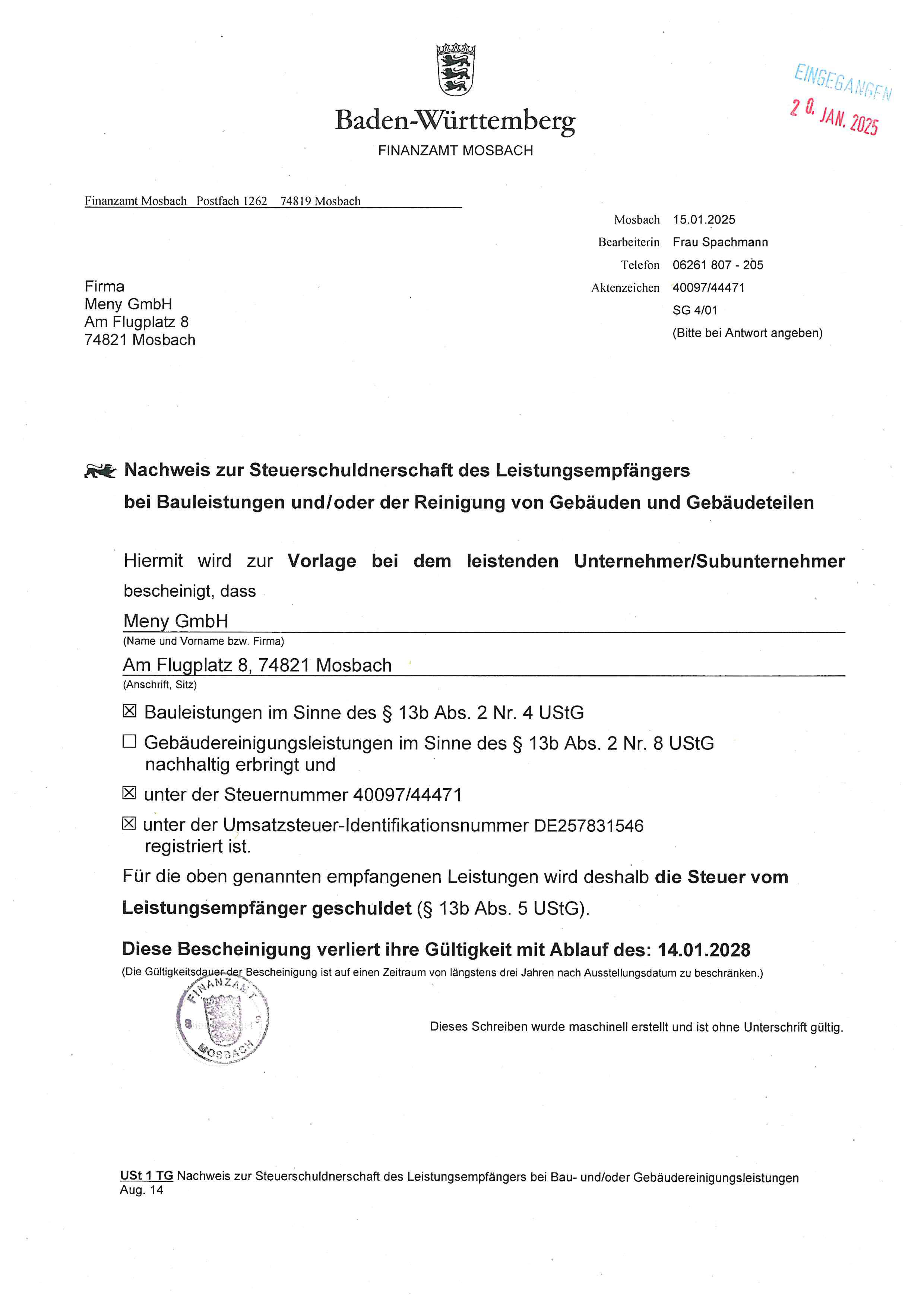 MENY GmbH - Nachweis der Steuerschuldnerschaft bis 09-2025